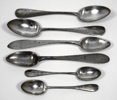 Six Russian silvery metal tea spoons