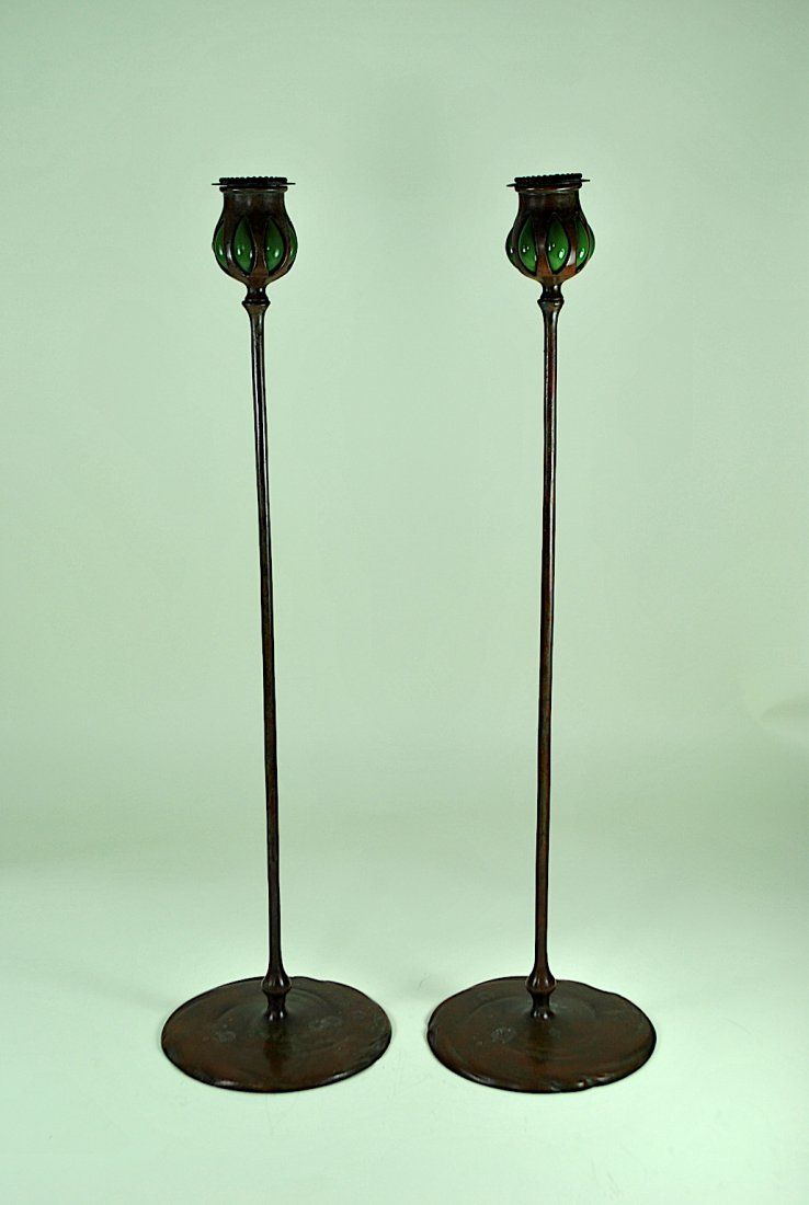 PAIR TIFFANY BRONZE & GREEN FAVRILE