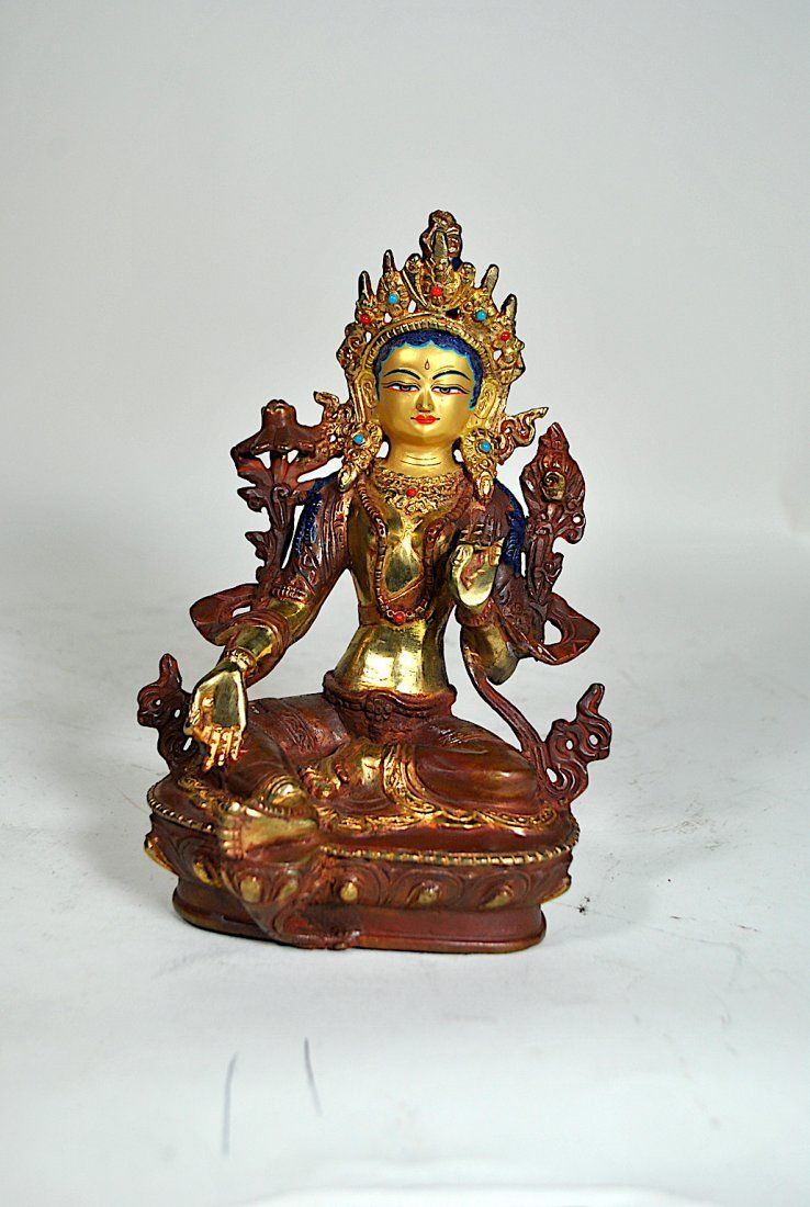 NEPALESE BRONZE GREEN TARA W 24K 3970b1