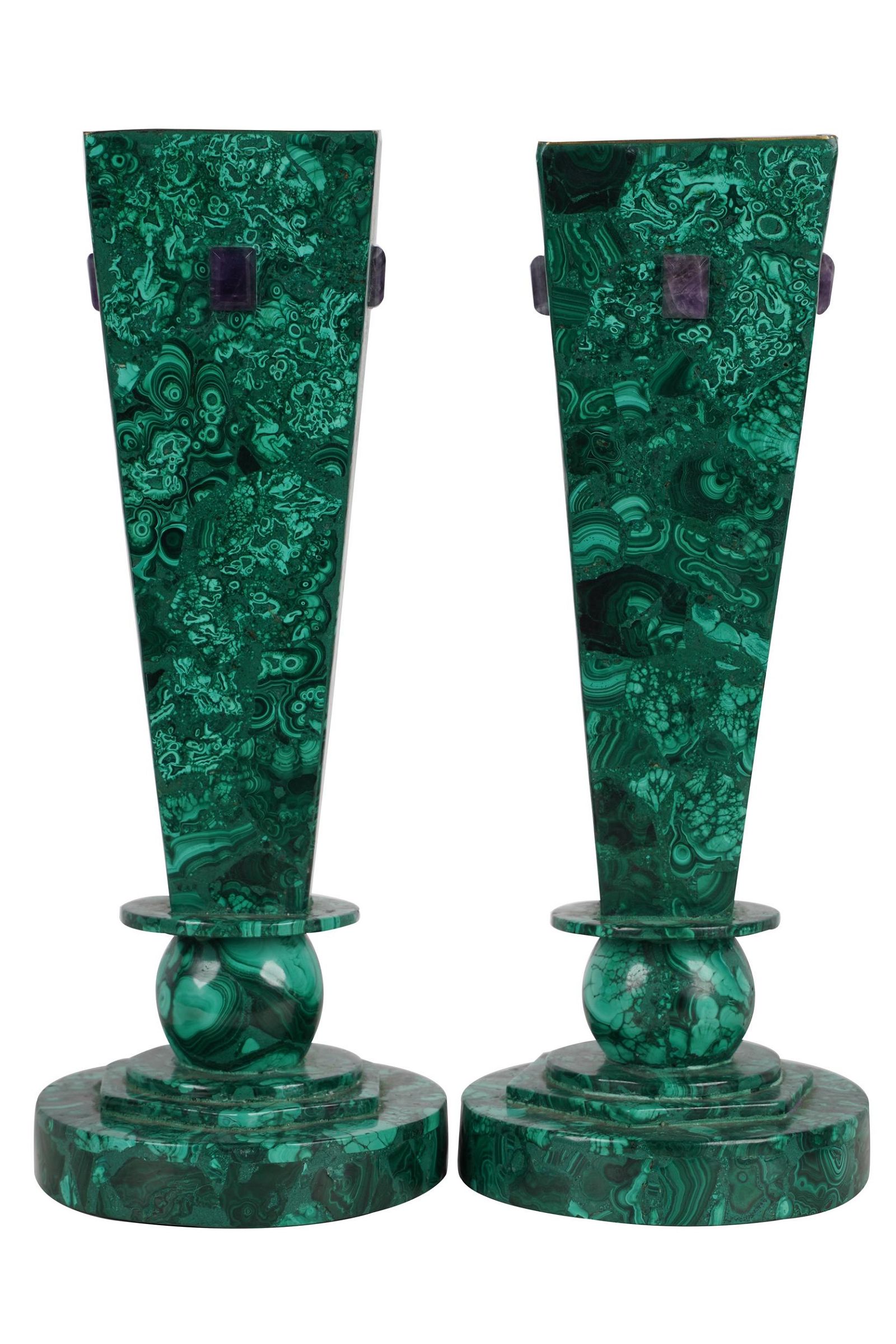 PAIR OF MALACHITE-VENEER VASESeach