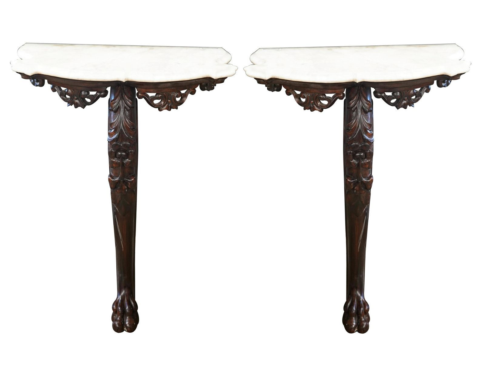 PAIR OF MARBLE & CARVED WOOD CONSOLES20th