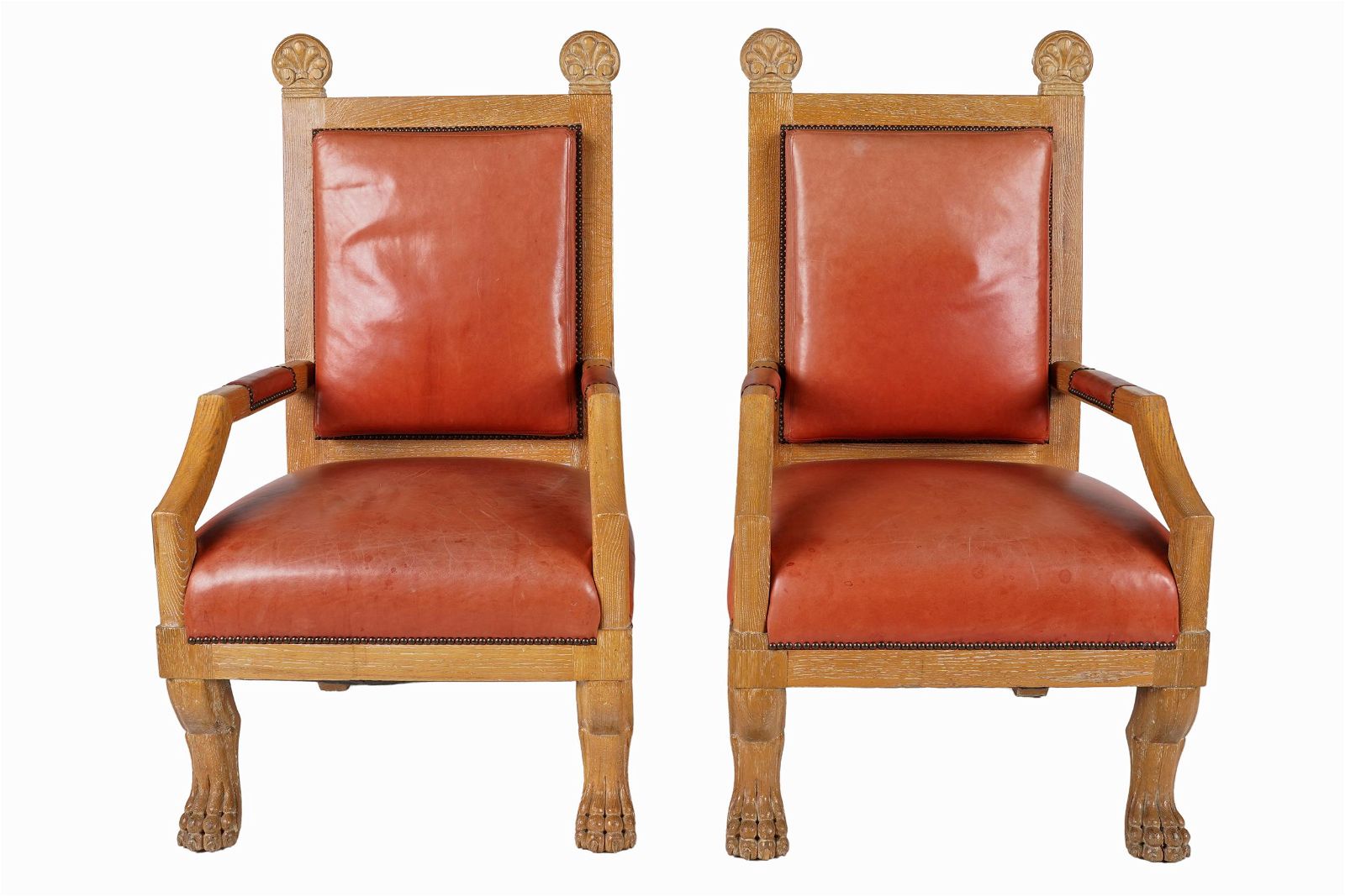 PAIR OF CARVED OAK RED LEATHER 39741b