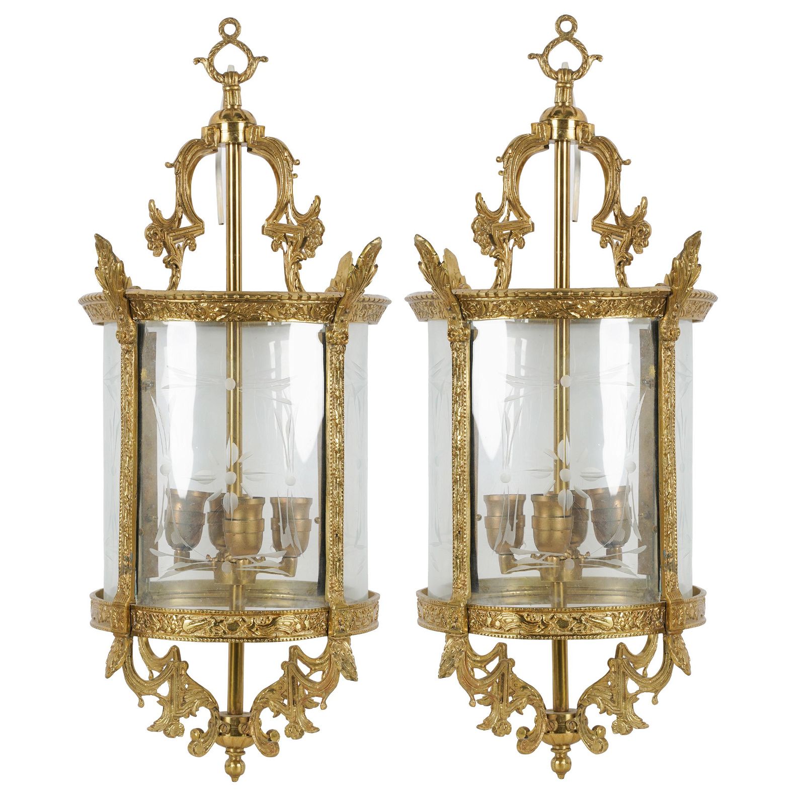 PAIR OF GILT METAL & ETCHED GLASS