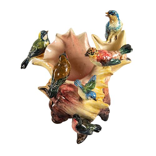 MASSIER MAJOLICA BIRDS ON A SHELL 39998a