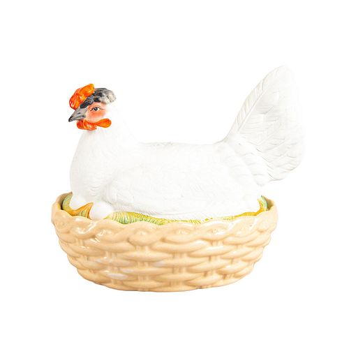 STAFFORDSHIRE HEN ON BASKETHen with