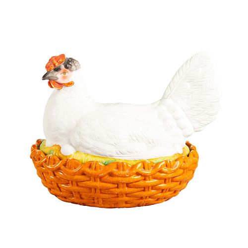 STAFFORDSHIRE FIGURAL GROUP HEN ON BASKETHen