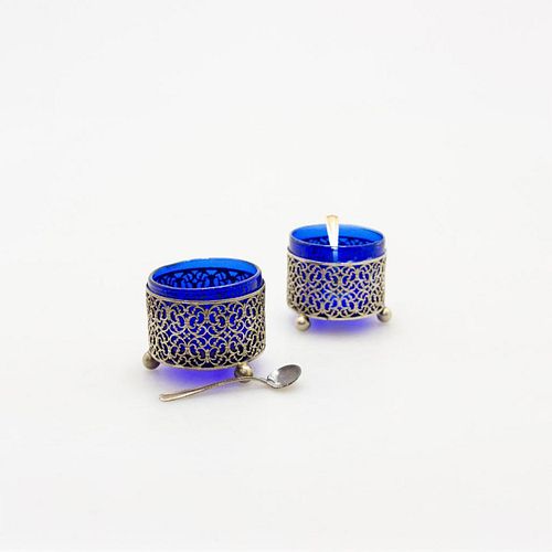 ANTIQUE COBALT BLUE GLASS SALT CELLARS,