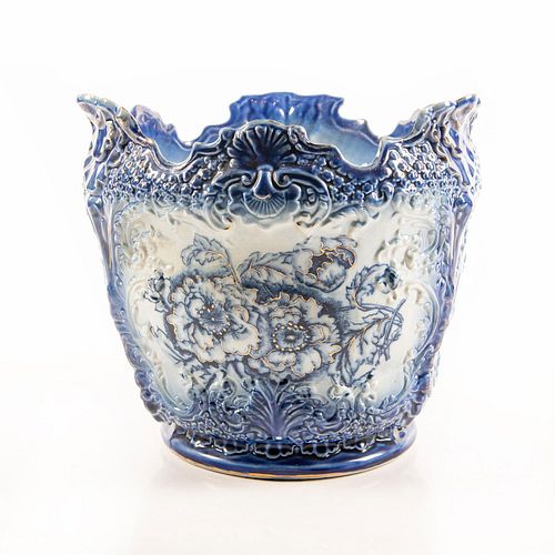 FLOW BLUE POTTERY JARDINIERE, GILDEDHigh-relief,