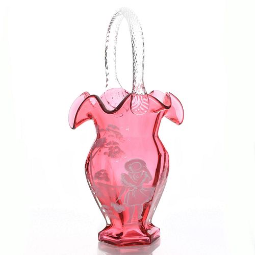 FENTON GLASS BASKET VASE, CRANBERRY