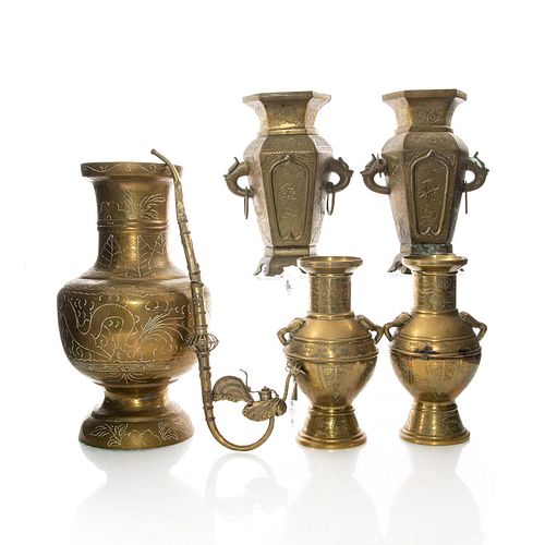 5 CHINESE BRASS URNS, SMOKING PIPEEngraved