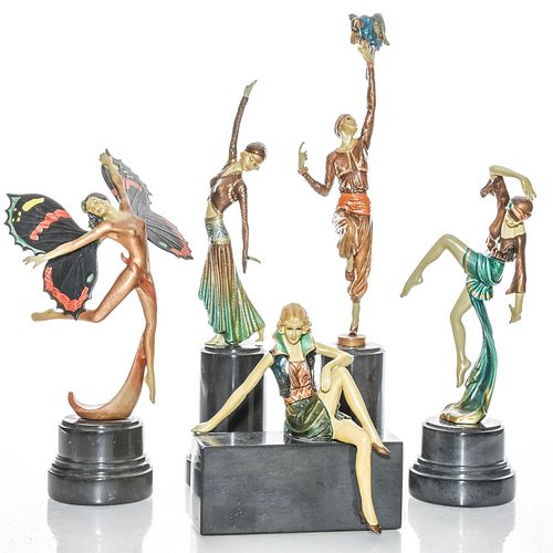 5 SMALL ENAMELED BRONZE ART DECO SCULPTURES,