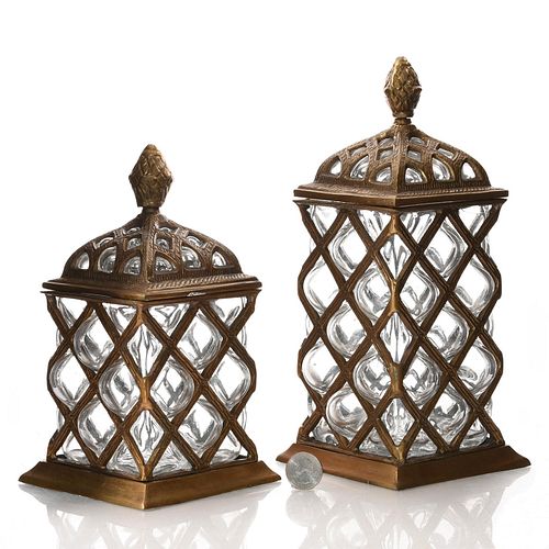 PAIR OF BRASS AND GLASS LIDDED CONTAINERSLatticed