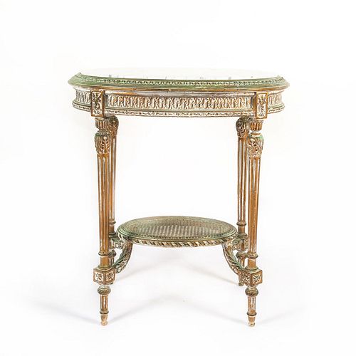 ANTIQUE OVAL END TABLE WITH MARBLE