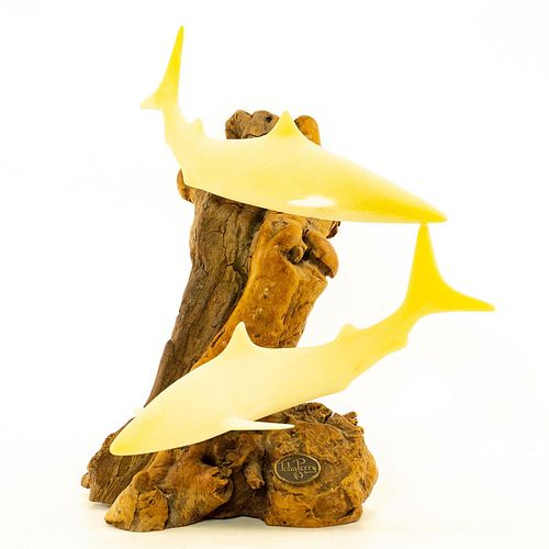 CARVED DOUBLE SWIMMING SHARKS SCULPTURE 398d04