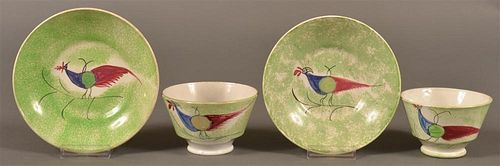 2 GREEN SPATTER PEAFOWL PATTERN CUPS