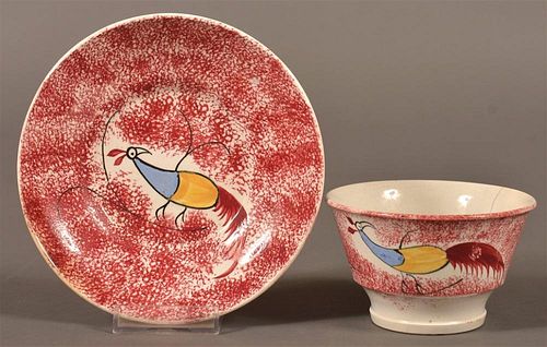 RED SPATTER CHINA PEAFOWL CUP AND