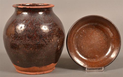 TWO PIECES OF GLAZED REDWARE POTTERY.Two