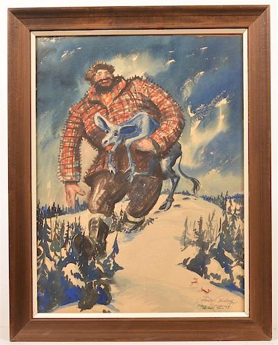 CHARLES CARLSON WATERCOLOR OF PAUL BUNYAN.Charles