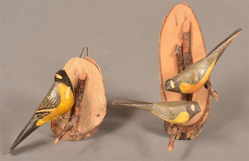 TWO FOLK ART SONG BIRD ON BRANCH