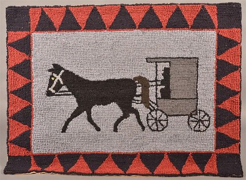 AMISH HORSE AND BUGGY HOOKED RUG.Amish