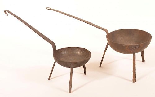 TWO WROUGHT IRON TRIPOD BASE SKILLETS Two 39c00c