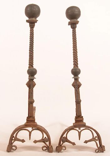 PAIR OF ORNATE ANDIRONS WITH BRASS