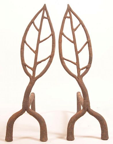 PAIR OF IRON LEAF FORM ANDIRONS Pair 39c013