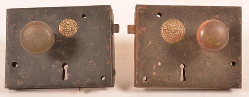 TWO METAL BOX LOCKS WITH KNOBS.Two