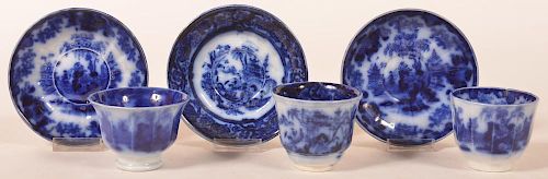 3 FLOW BLUE IRONSTONE CHINA CUPS & SAUCERS.Three