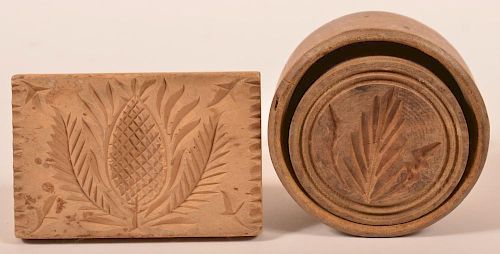 TWO ANTIQUE CARVED WOOD BUTTER 39c1a4