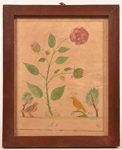 FRAKTUR WATERCOLOR DRAWING BIRDS 39c1ce