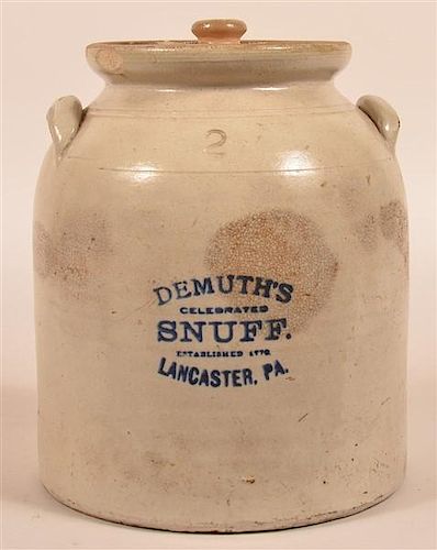 DEMUTH'S SNUFF STONEWARE TWO GALLON