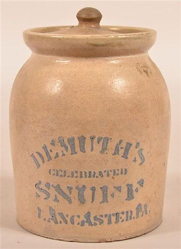 DEMUTHS SNUFF STONEWARE HALF GALLON