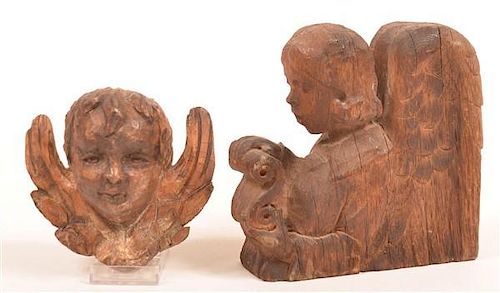 TWO ANTIQUE CARVED WOOD ANGEL FIGURES.Two