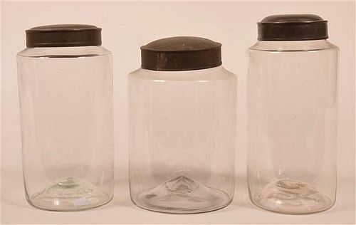THREE BLOWN GLASS CANISTER JARS 39c3af