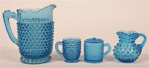 FOUR PIECES OF BLUE HOBNAIL GLASSWARE.Four