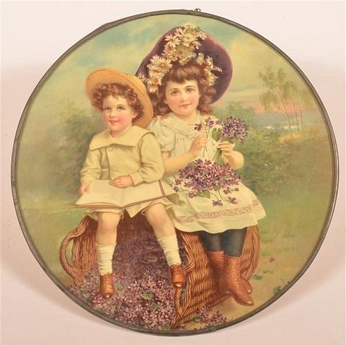 CHILDREN SITTING ON BASKET OF VIOLETS