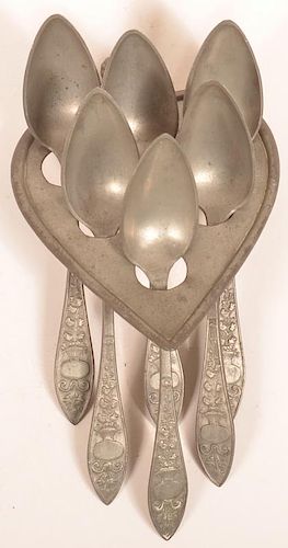 PEWTER SPOON HOLDER AND SIX SPOONS.English
