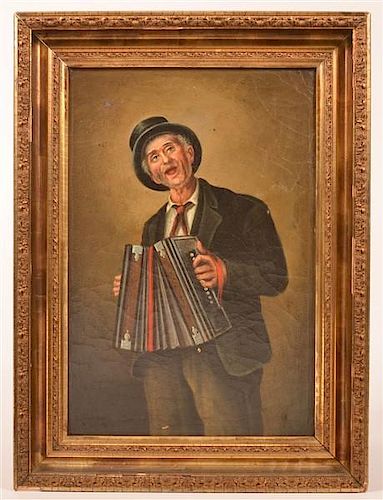 OIL ON CANVAS PAINTING MAN PLAYING ACCORDION.19th