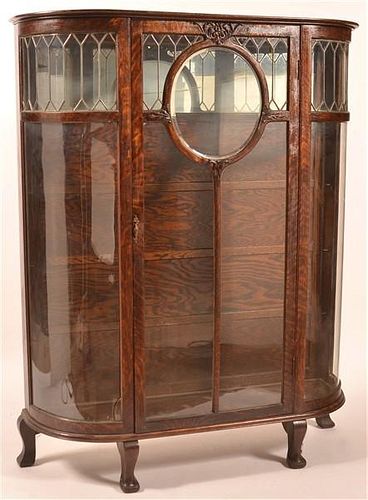 QUARTER SAWN OAK BOW FRONT CHINA CABINET.Quarter