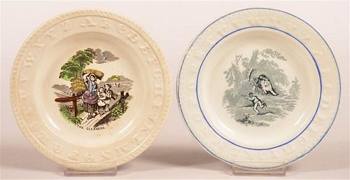 TWO TRANSFER DECORATED ALPHABET PLATES.Two