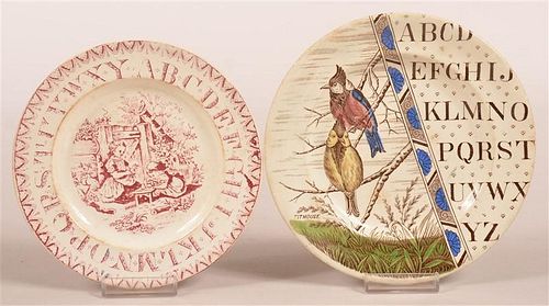 TWO TRANSFER DECORATED ALPHABET PLATES.Two