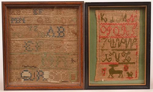 TWO SMALL FRAMED SAMPLER FRAGMENTS Two 39c6b3