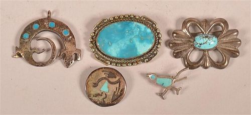 SOUTHWEST INDIAN TURQUOISE BROOCHES/PINS.Five