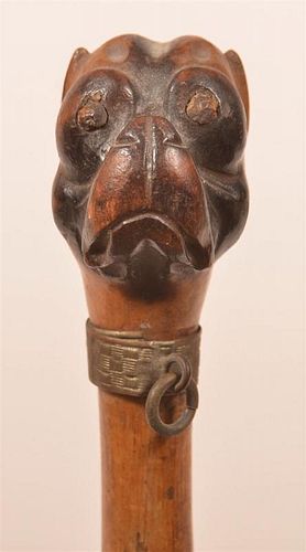 CARVED FOLK ART CANE WITH PUG DOG 39c79c