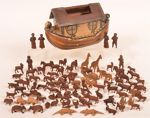 NOAH'S ARK WITH CARVED WOOD FIGURES.19th