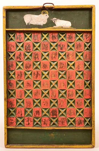 CARVED AND PAINTED WOOD GAME BOARD.Carved