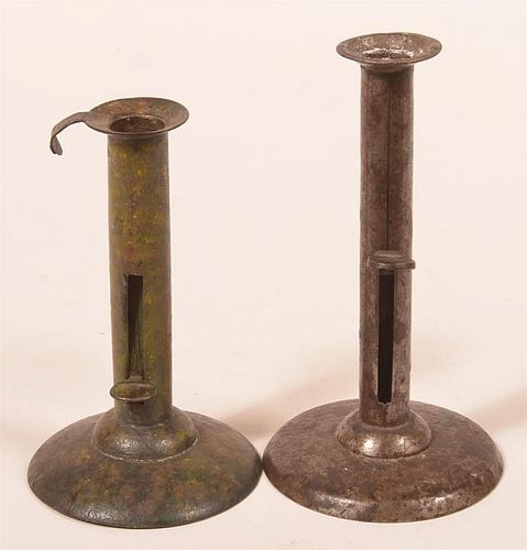 TWO SHEET IRON HOG SCRAPER CANDLESTICKS Two 39c808