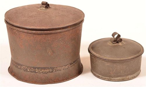TWO 19TH CENTURY TIN COVERED CANISTERS.Two
