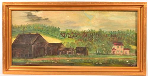 OIL ON CANVAS PAINTING OF A FARMSTEAD.Early